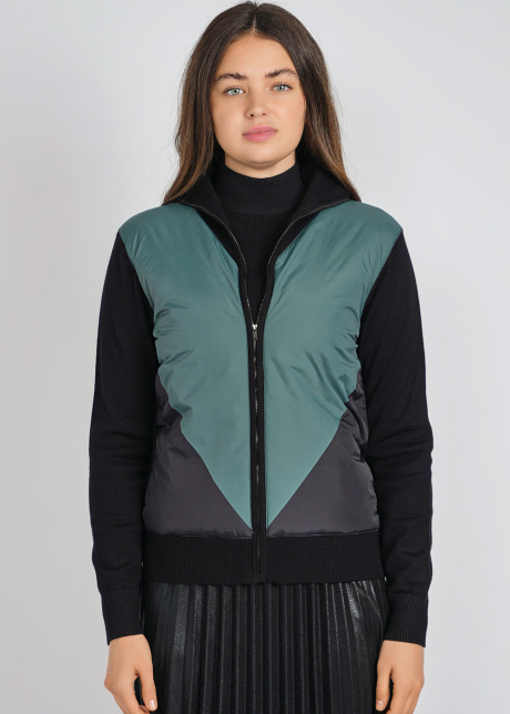 Modern Quilted Green Cardigan: Zip-Up with Raised Collar