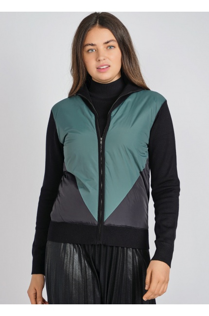 Modern Quilted Green Cardigan: Zip-Up with Raised Collar