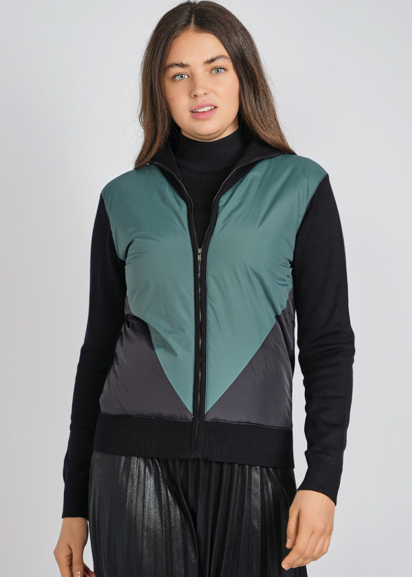 Modern Quilted Green Cardigan: Zip-Up with Raised Collar