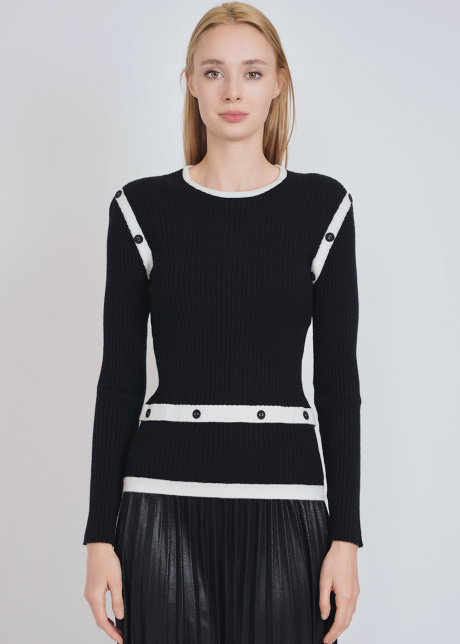 Classic Elegance: Black Ribbed Knit with White Buttoned Bands