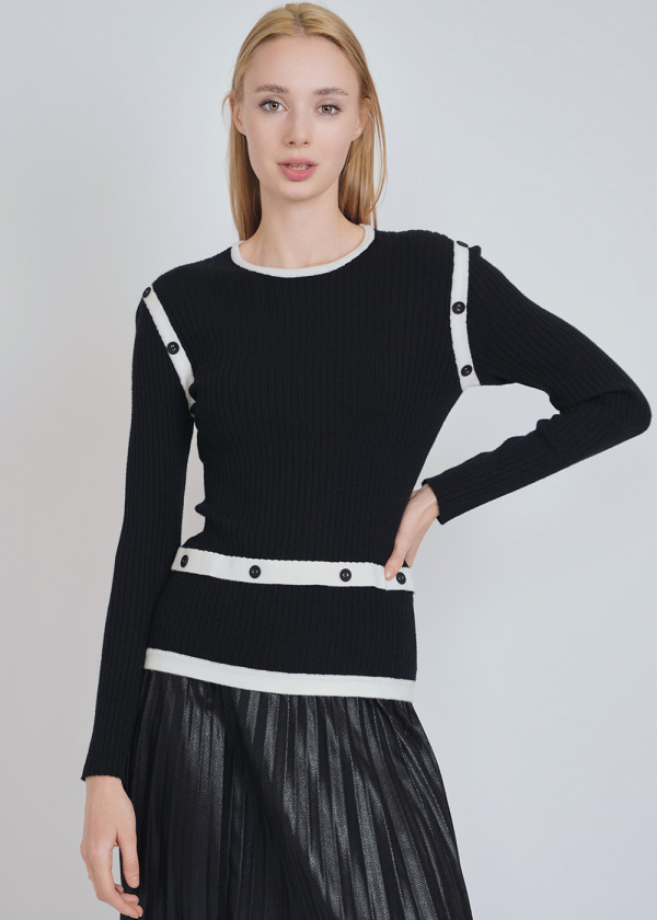 Classic Elegance: Black Ribbed Knit with White Buttoned Bands