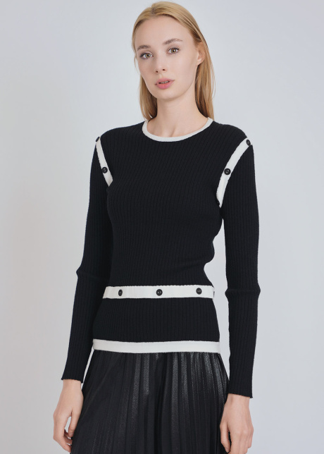 Classic Elegance: Black Ribbed Knit with White Buttoned Bands
