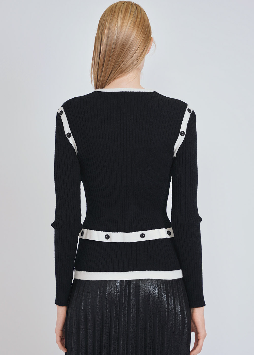 Classic Elegance: Black Ribbed Knit with White Buttoned Bands