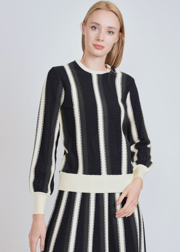 Contrasting White Accents Black Knit Top