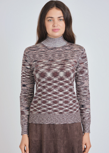 Brown Knit Top with Sky-High Neck & Waves