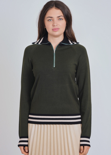 Quarter-Zip Olive Top with Contrast Borders