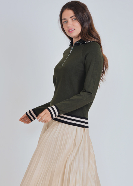Quarter-Zip Olive Top with Contrast Borders