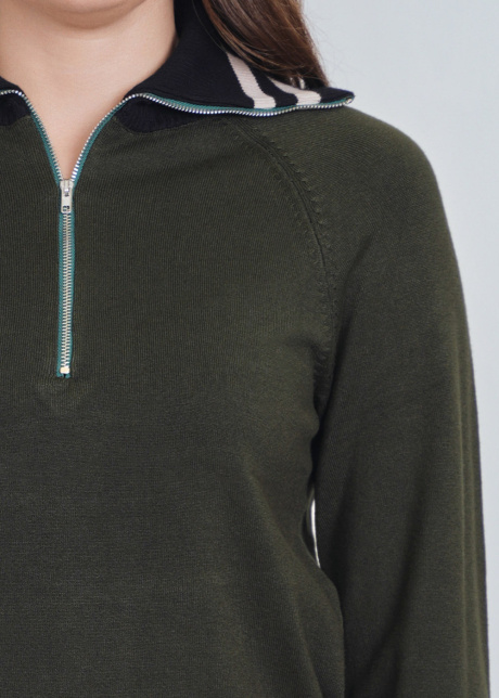 Quarter-Zip Olive Top with Contrast Borders