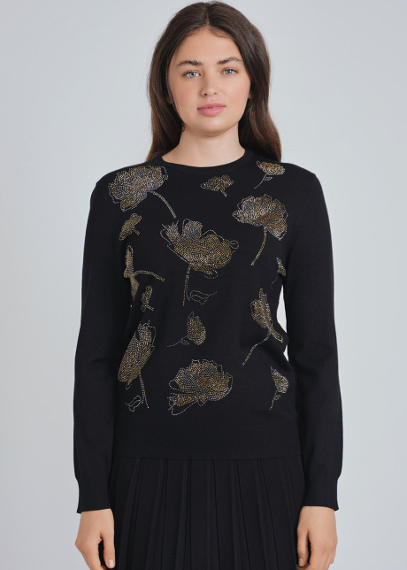 Glistening Flower Patterns on Black Knit Top