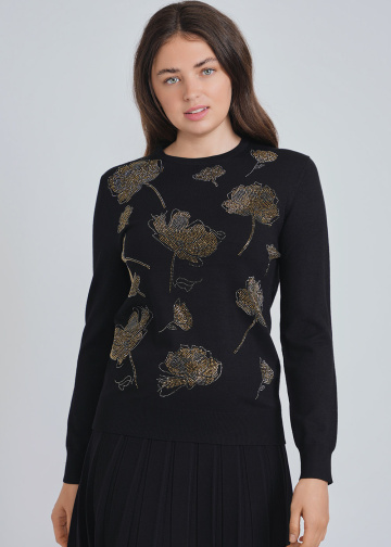 Glistening Flower Patterns on Black Knit Top