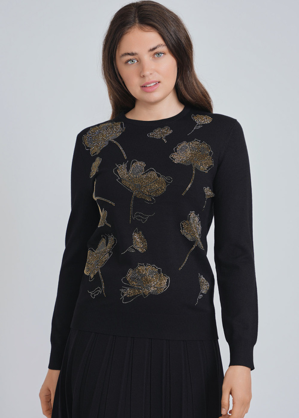 Glistening Flower Patterns on Black Knit Top