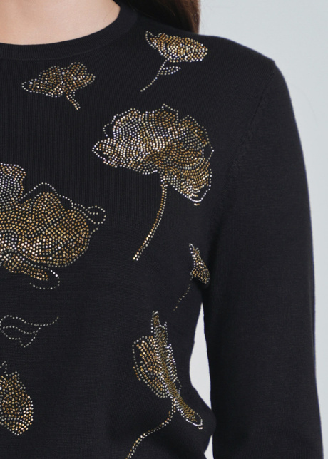 Glistening Flower Patterns on Black Knit Top