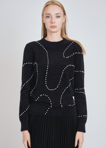 Versatile Black Top with Furry Knit and Pearls