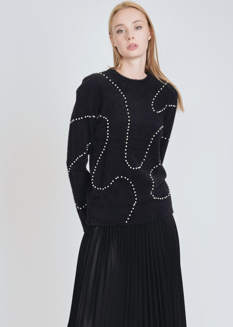 Versatile Black Top with Furry Knit and Pearls