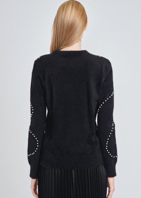 Versatile Black Top with Furry Knit and Pearls
