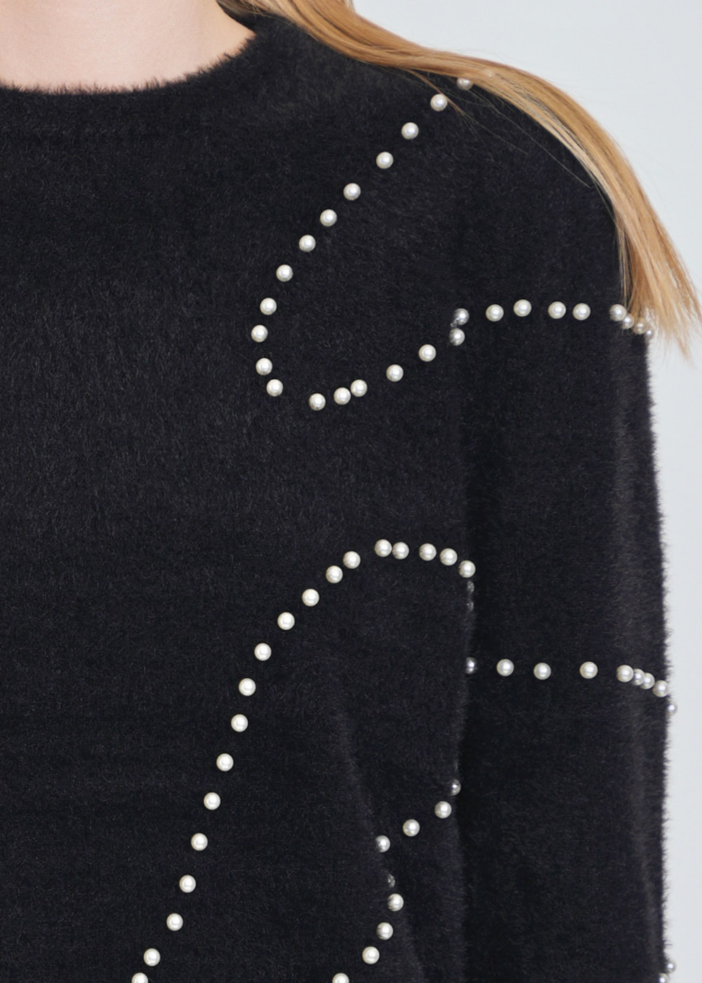Versatile Black Top with Furry Knit and Pearls