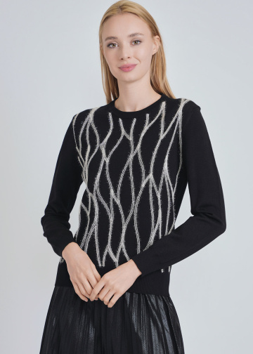 Abstract White Line Embroidery on Black Sweater
