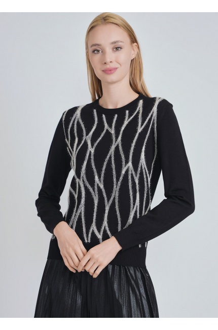 Abstract White Line Embroidery on Black Sweater