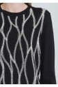 Abstract White Line Embroidery on Black Sweater
