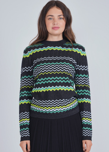 Black Sweater with Verdant Zigzag Patterning