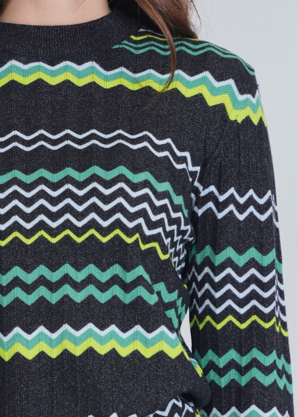 Black Sweater with Verdant Zigzag Patterning