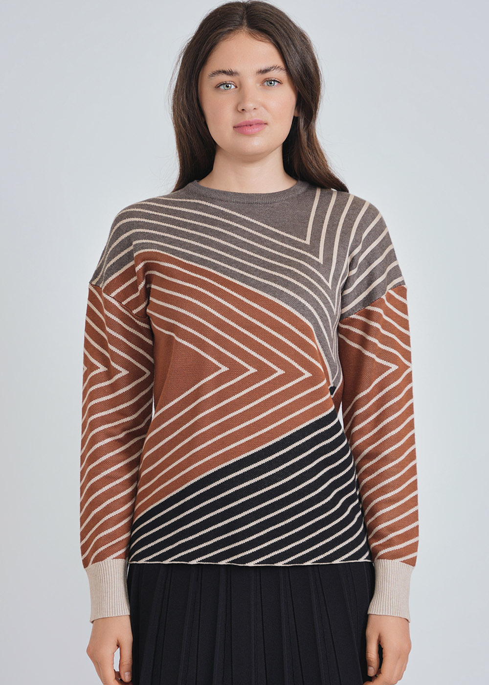 Multi-Hued Line Patterned Knit Sweater
