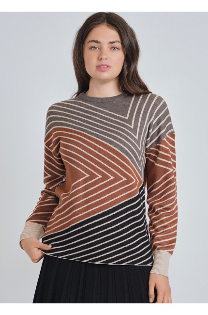 Multi-Hued Line Patterned Knit Sweater