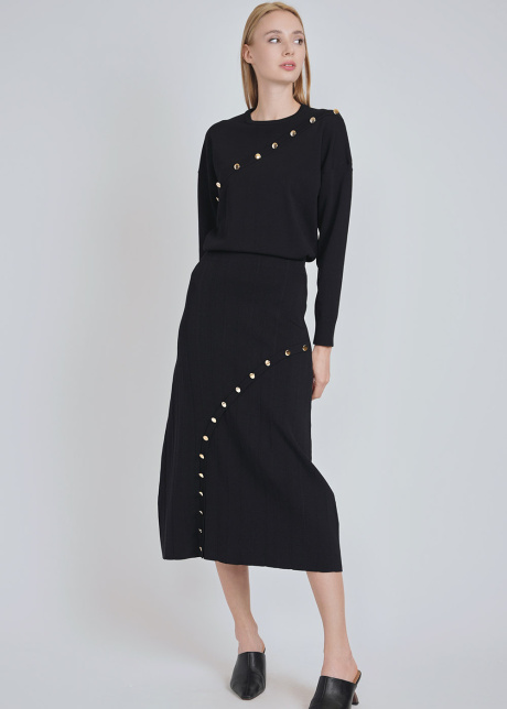 Black Midi Knit Skirt with Subtle Button Accents