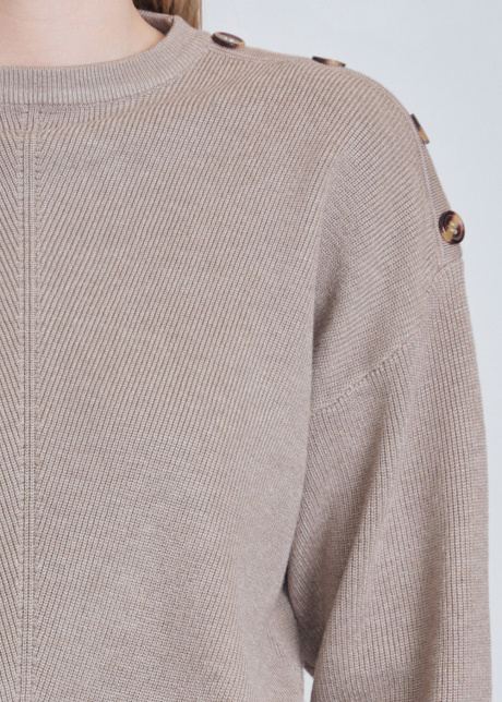 Soft Hue Beige Sweater: Knit & Button-Decorated Sleeves