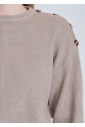 Soft Hue Beige Sweater: Knit & Button-Decorated Sleeves