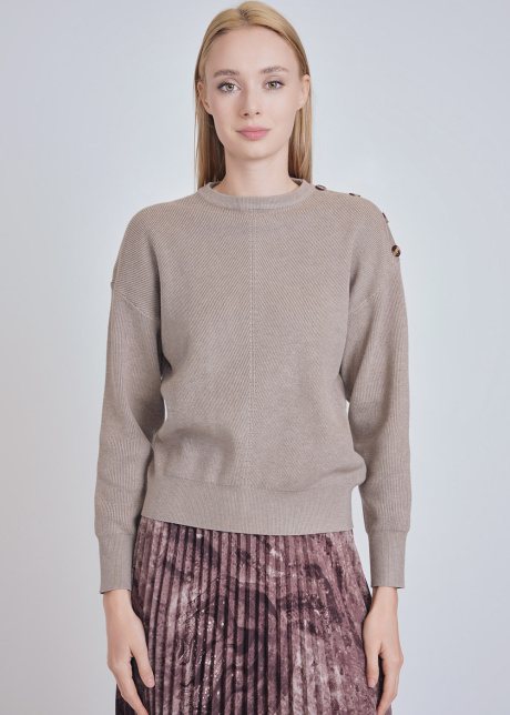 Soft Hue Beige Sweater: Knit & Button-Decorated Sleeves