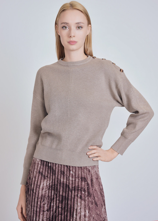 Soft Hue Beige Sweater: Knit & Button-Decorated Sleeves