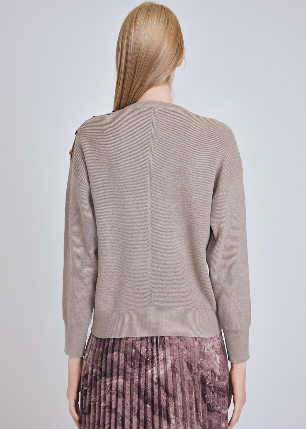 Soft Hue Beige Sweater: Knit & Button-Decorated Sleeves