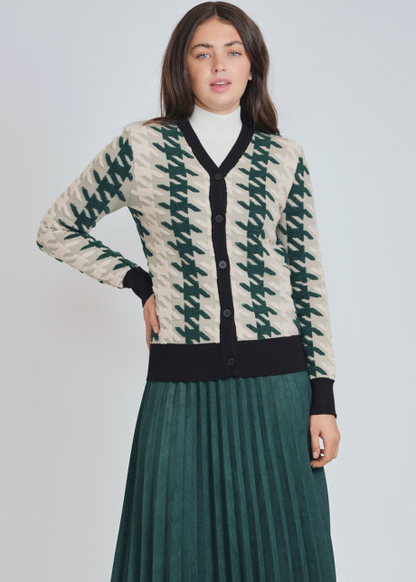 Green & White Cardigan with Classic Print