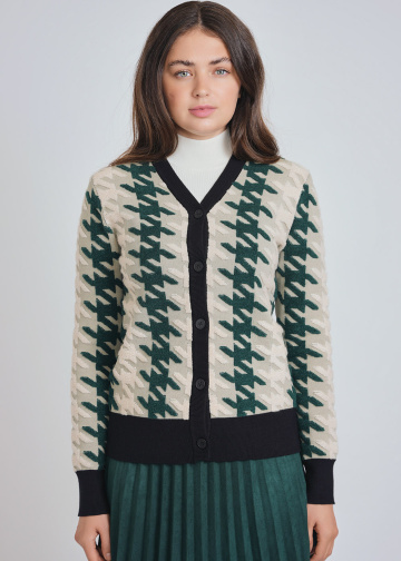 Green & White Cardigan with Classic Print
