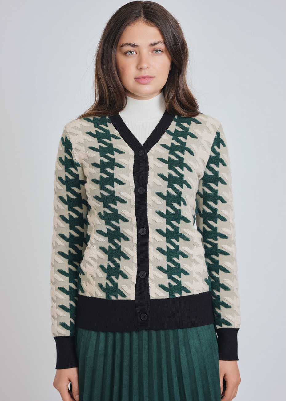 Green & White Cardigan with Classic Print