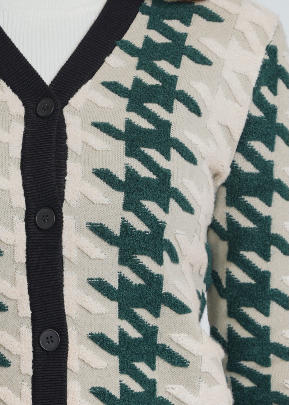 Green & White Cardigan with Classic Print