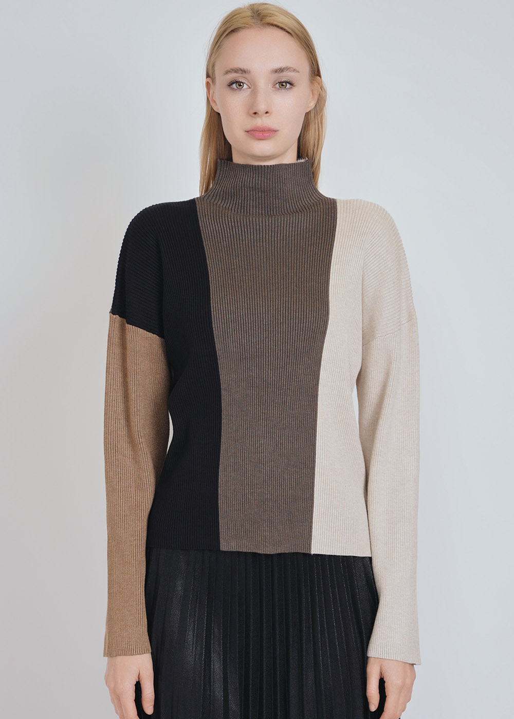 High-Collar Harmony: Ribbed Multi-Shade Sweater
