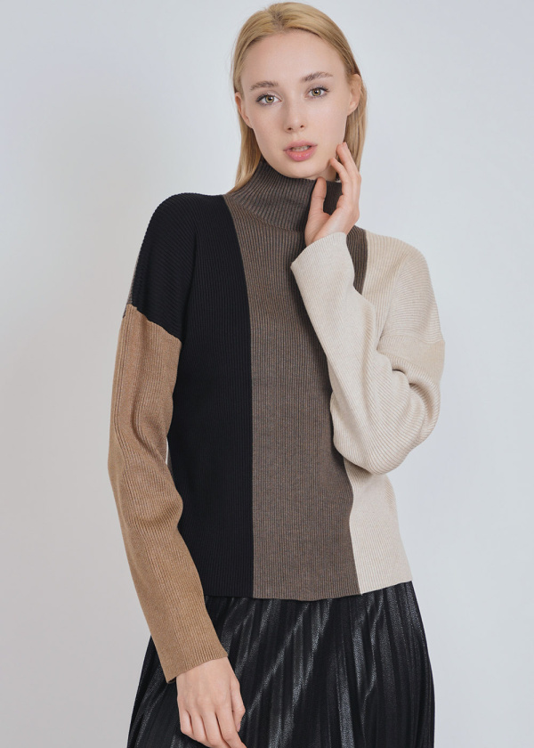 High-Collar Harmony: Ribbed Multi-Shade Sweater