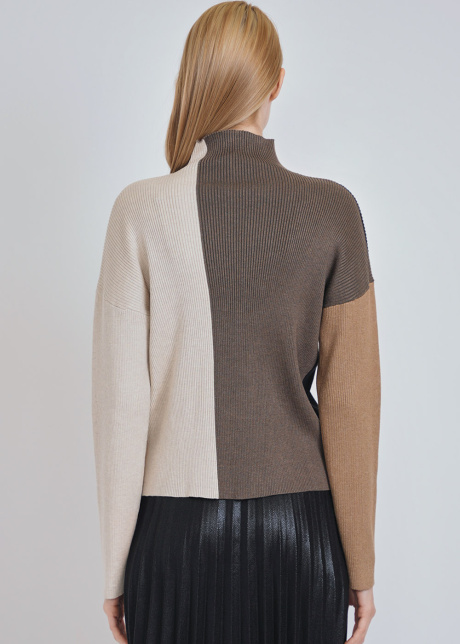High-Collar Harmony: Ribbed Multi-Shade Sweater