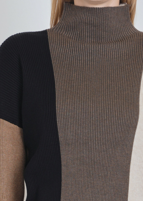 High-Collar Harmony: Ribbed Multi-Shade Sweater