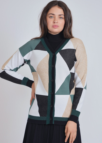 Green Embrace: Earthy Color Block Cardigan with Buttons