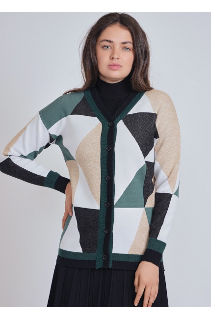 Green Embrace: Earthy Color Block Cardigan with Buttons