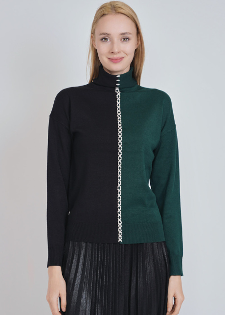 High-Neck Green & Black Sweater with White Center Accent