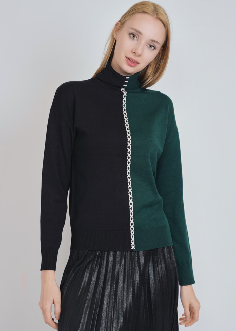 High-Neck Green & Black Sweater with White Center Accent