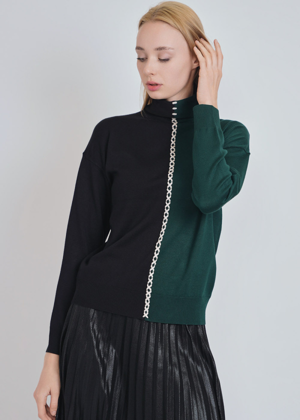 High-Neck Green & Black Sweater with White Center Accent
