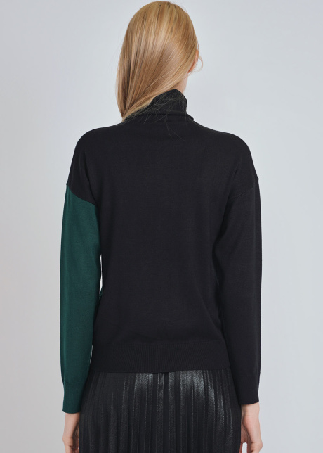 High-Neck Green & Black Sweater with White Center Accent