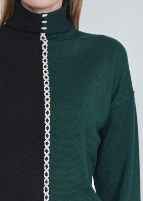 High-Neck Green & Black Sweater with White Center Accent