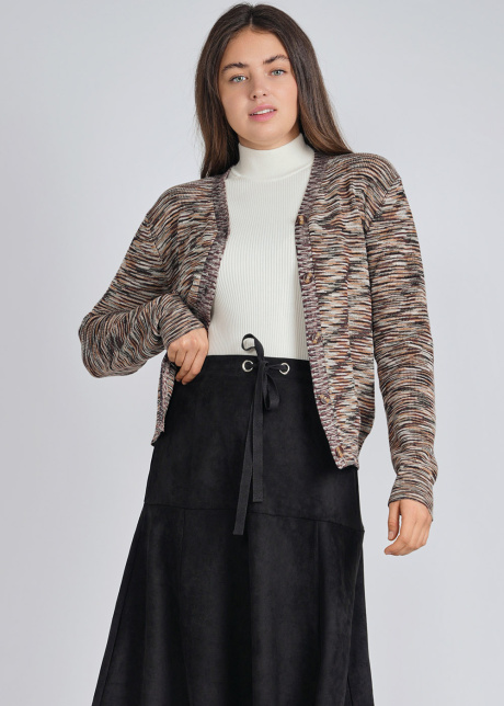 Multi-Hue Mystery: Abstract Print Cardigan with Buttons