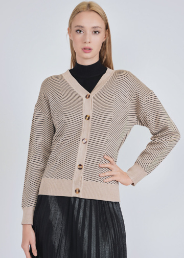 Cream Cardigan with Buttoned Front & Subtle Stripes